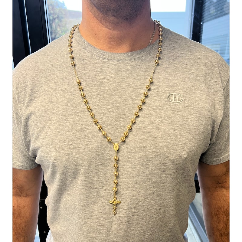 Gold or Platinum Plated Silver 8 mm Cut-out Bead Rosary Necklace