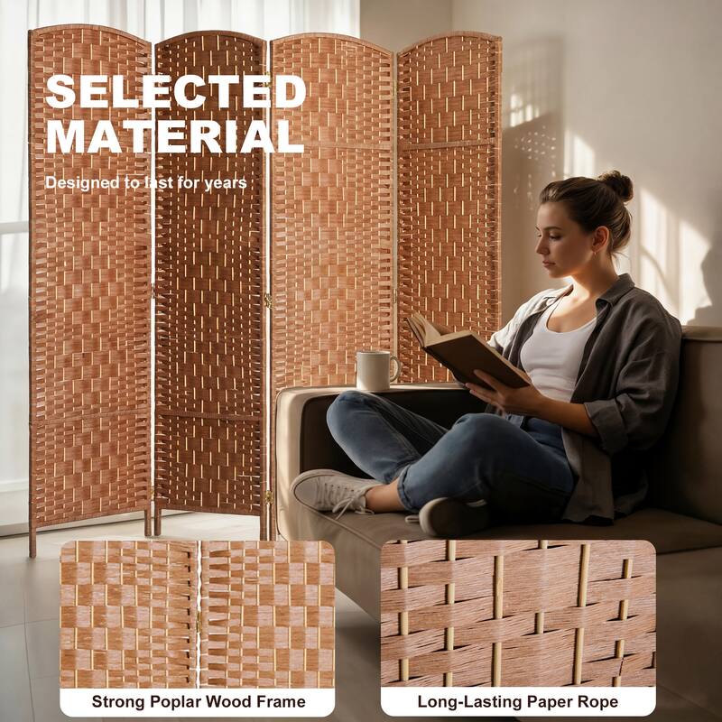 HomCom 6' Tall Wicker Weave Four Panel Room Divider Privacy Screen - Natural Blonde Wood