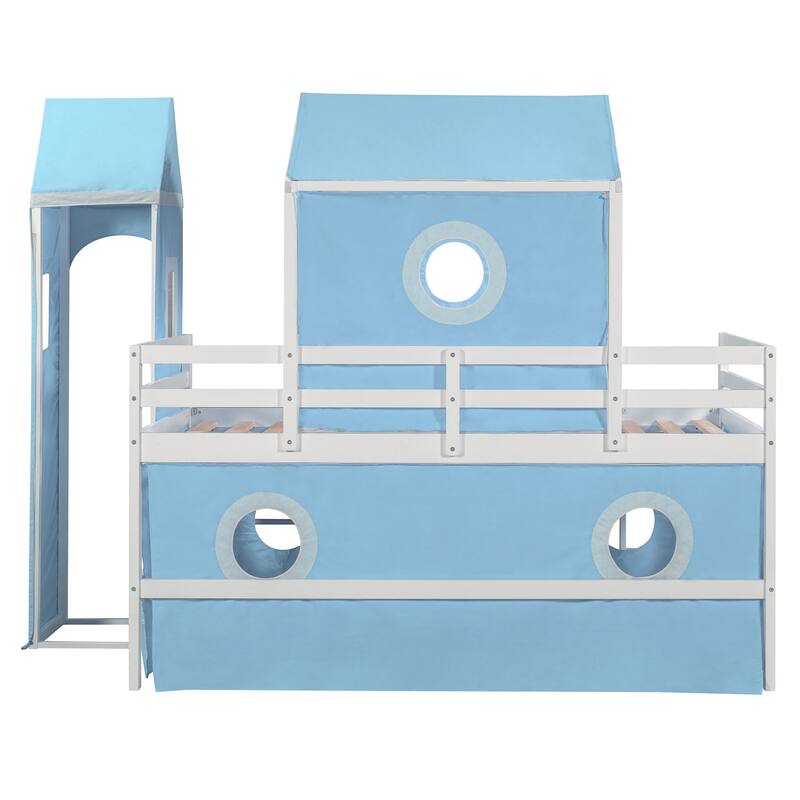 Twin/Full Size Wooden Playhouse Loft Bed with Tent and Tower, Solid Pinewood Low Loftbed Frame with Slide and Ladder