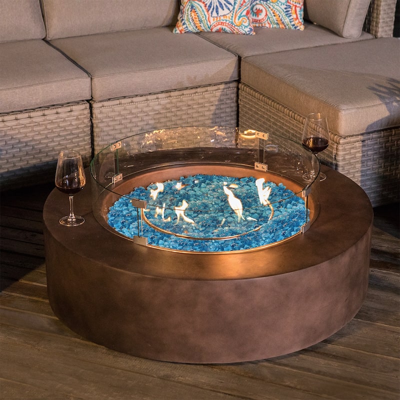 COSIEST 42'' Outdoor Round Propane Fire Pit w Wind Guard and Fire Glass - Brown + Aqua blue fire glass