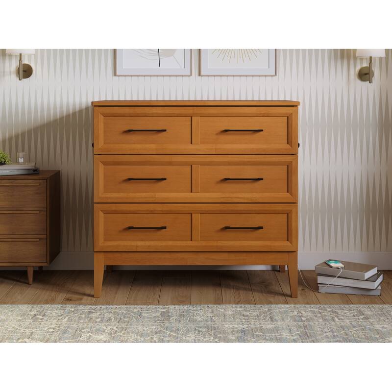 Twin Murphy Bed with Storage Chest & Charger - Solid Wood Folding Bed - Space Saving Furniture