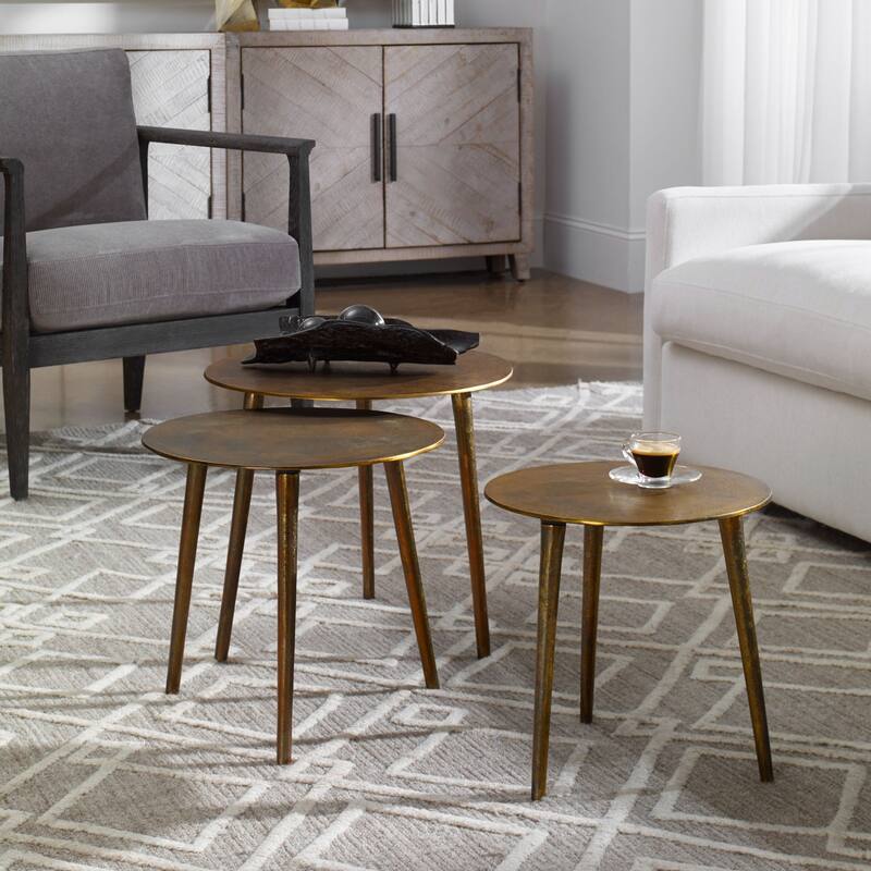 Set of 3 Gold Antique Round Nesting Coffee Tables 18"