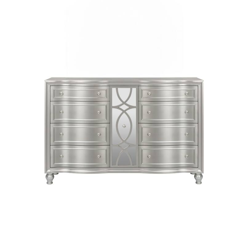 Felix Wide Dresser with 8 Bow Front Drawers, Silver Solid Wood 68 Inch