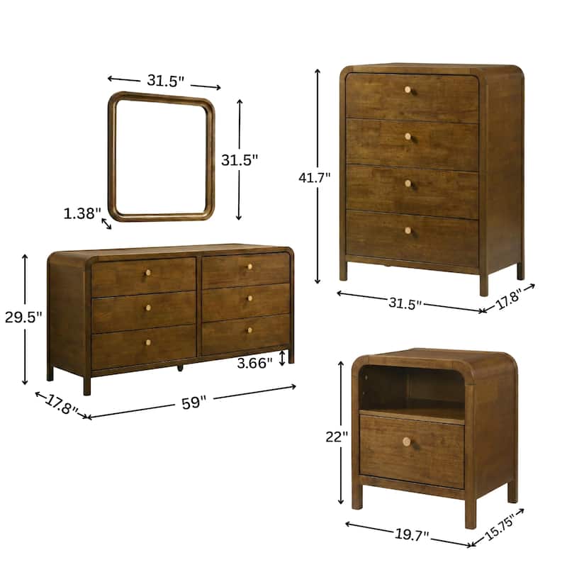 Roundhill Furniture Eldren Wood Bedroom Set, Platform Bed with Dresser, Mirror, Two Nightstands, Chest in Walnut Finish