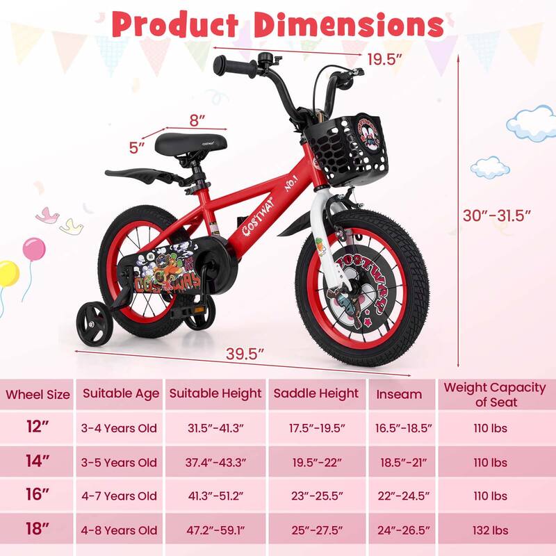 14'' Child Bike Kids Bicycle w/ Adjustable Height &Training Wheels