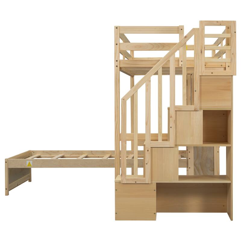 Twin over Twin Loft Bed with Built-in Desk, Staircase & Storage, Natural Pine Wood & MDF