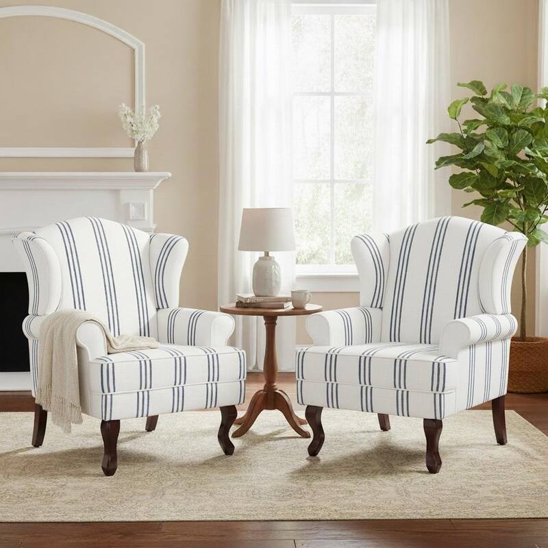 Classic Wingback Accent Chair for Living Room - Set of 2 - Striped Navy/ Linen