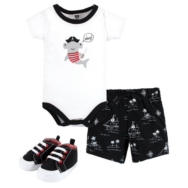 slide 1 of 1, Hudson Baby Infant Boy Cotton Bodysuit, Shorts and Shoe Set, Pirate Shark 12-18 Months - Pirate Shark