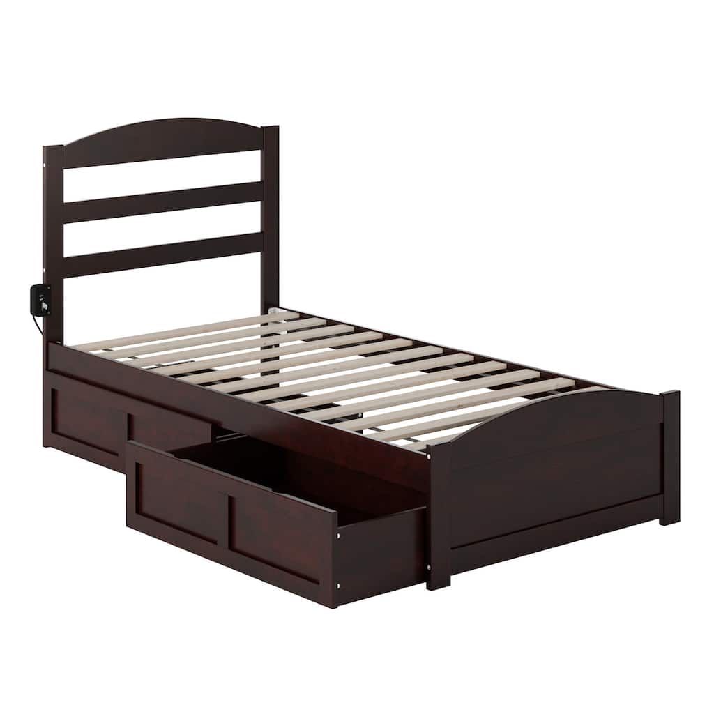 Twin Espresso Wood Platform Bed with Footboard, Two Storage Drawers, and Turbo Charger for Organized Rooms