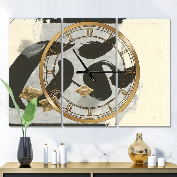 slide 2 of 6, Designart 'Glam Collage I' Glam 3 Panels Oversized Wall CLock - 36 in. wide x 28 in. high - 3 panels