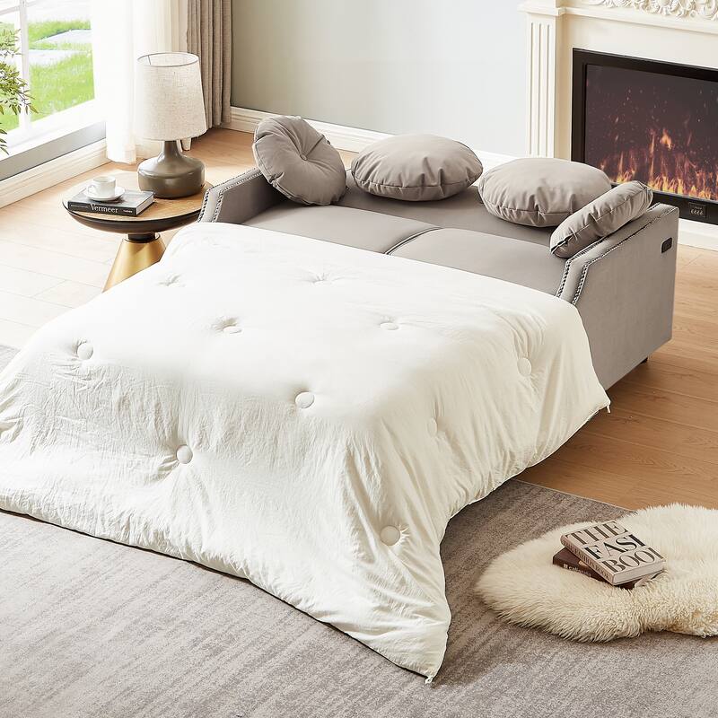 Loveseat Sofa Bed with Adjustable Button Tufted Backrest, 2 USB Ports and 4 Pillows