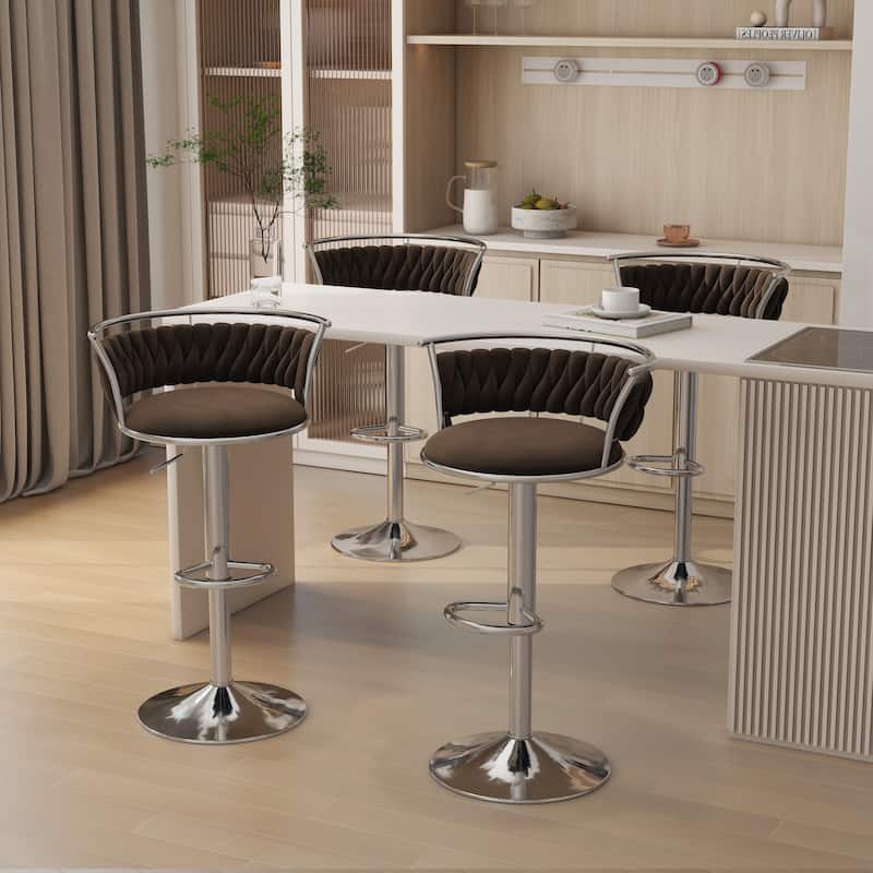 Modern Velvet 26" Adjustable Swivel Bar Stools (Set of 4) - Set of 4 - Coffee-Silver