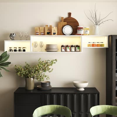 65.35in Wall Mounted Floating TV Stand with 20 Color LEDs and Charging Station
