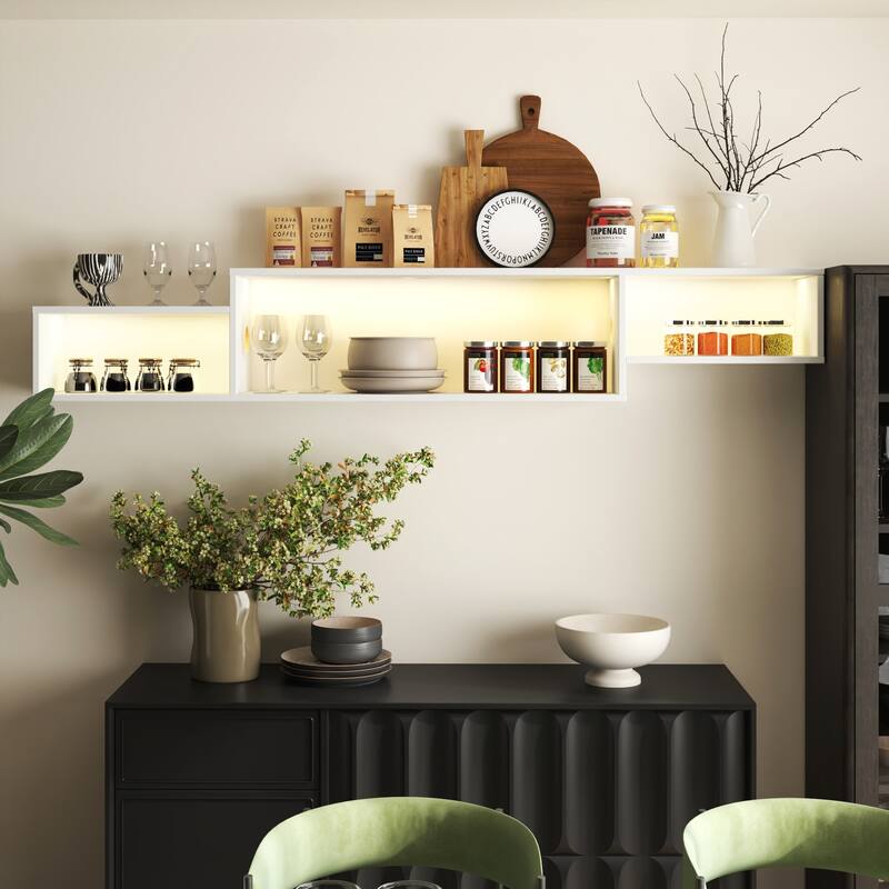 Roomfitters 65" Floating TV Stand, Wall Mounted Entertainment Center with LED Lights and Charging Station