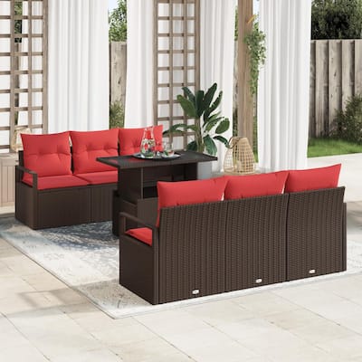 vidaXL 7 Garden Sofa Set with Cushions Black/Brown/Grey Poly Rattan - 68.9 x 24.4 x 27.2