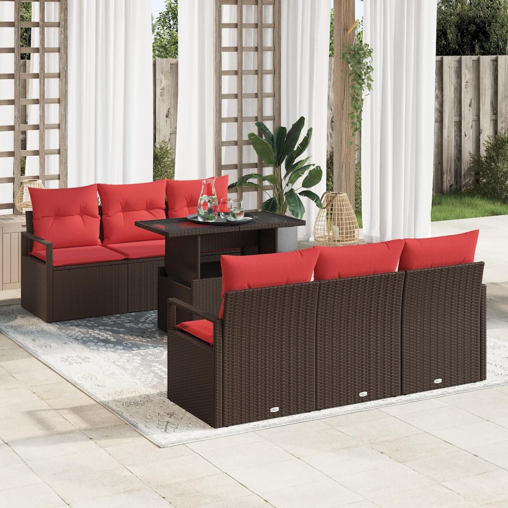 vidaXL 7 Garden Sofa Set with Cushions Black/Brown/Grey Poly Rattan - 68.9 x 24.4 x 27.2