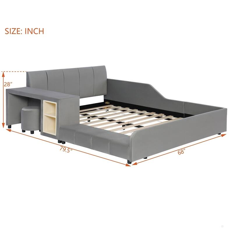 Upholstered Grounded Bed Mother & Child Bed with Bedside Desk and Little Round Stool