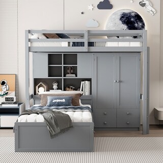 Twin Bunk Bed Kids Bed with Drawers, Wardrobe, Storage