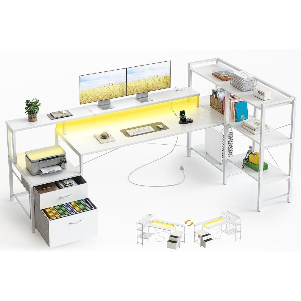 75 Inch L-Shaped Computer Desk with Drawers, LED Lights, Power Outlet, and Adjustable Shelves, White