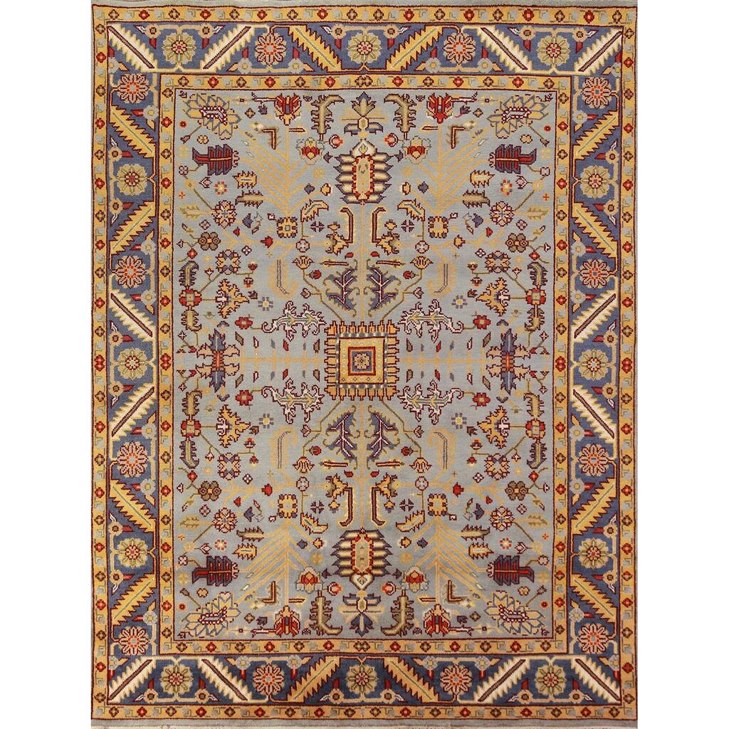 Geometric Oushak Indian Area Rug Hand-Knotted Wool Carpet - 7'11" x 9'10"