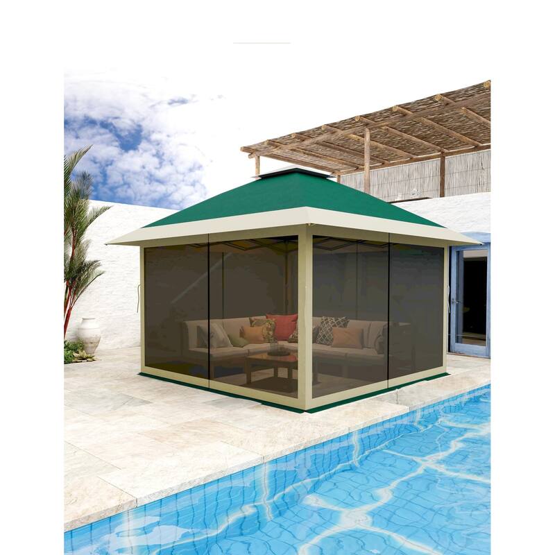 12' x 12' Outdoor Gazebo, Heavy Duty Double Roof Patio Gazebo with Netting and Curtains