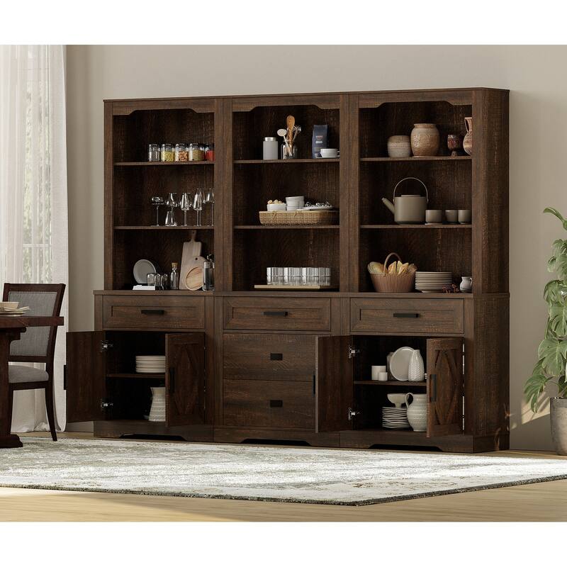 3-Column 73.3" Tall Bookshelf Set with Open Storage and Glass Doors
