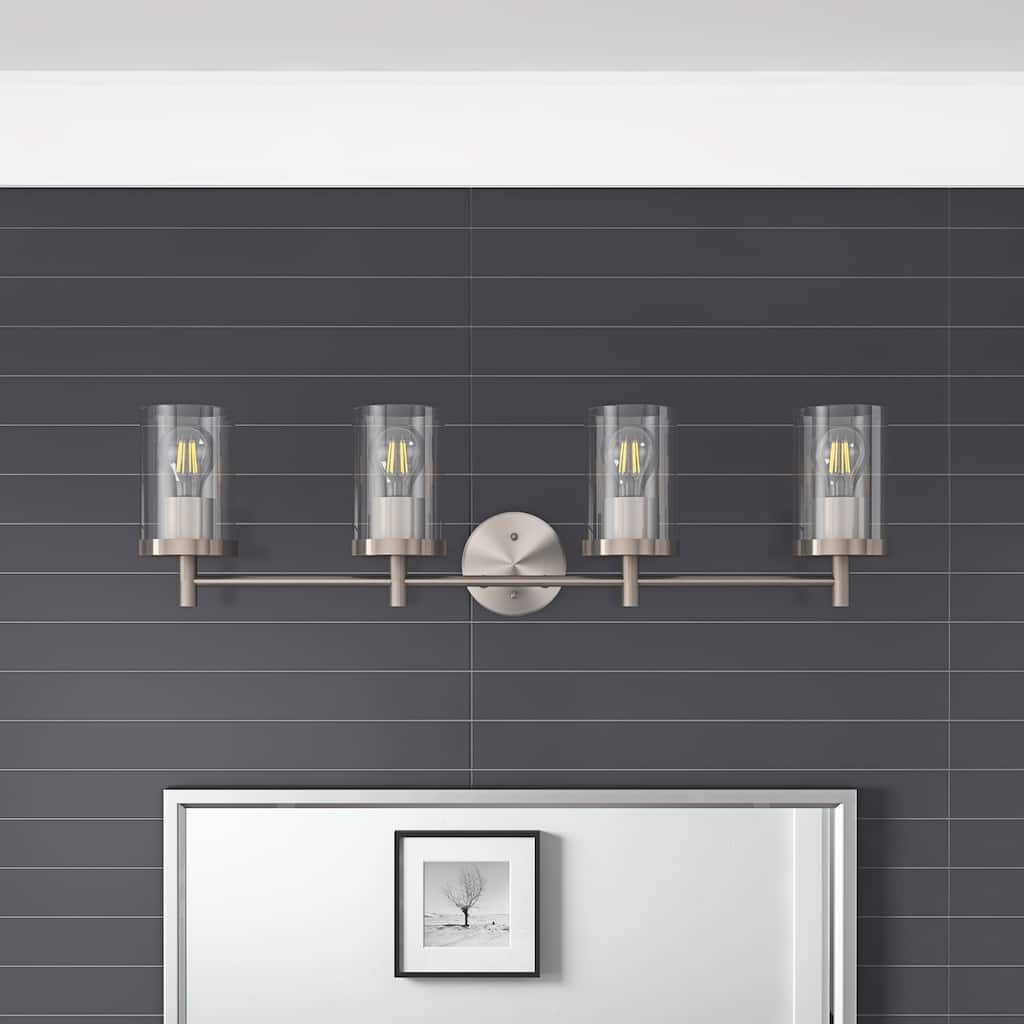 Brushed Nickel 4-Light Cylinder Glass Shade Vanity Light for Bathroom