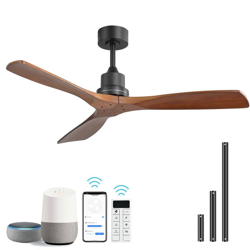 Sofucor 52 Inch Ceiling Fan without Light Solid Wood,with Remote,Smart Optional-Alexa/Google Assistant/APP/Remote Control - Smart(Remote+APP+Voice Control) - Black with Brown