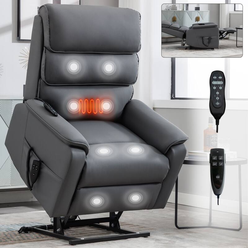 Dual Motor Power Lift Recliner Chair for Elderly, Leatheraire Lay Flat Lift Recliner Chair with Power-Remote, Heat and Massage - Grey