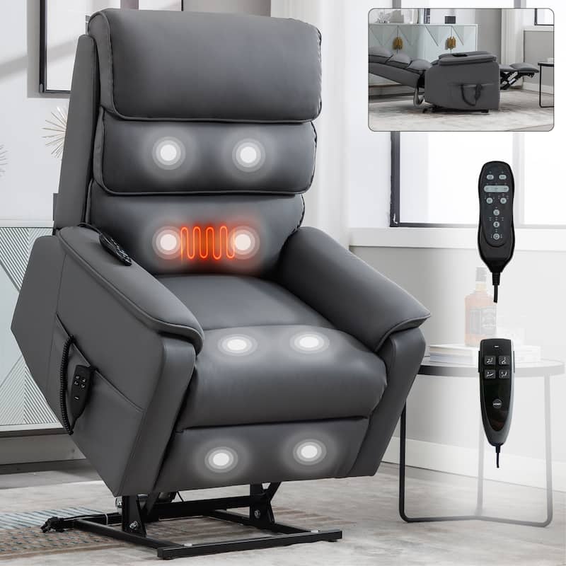 Roomfitters Dual Motor Power Lift Recliner, Infinite Position Massage Chair with 180-Degree Flat Recline, Leatheraire - Grey