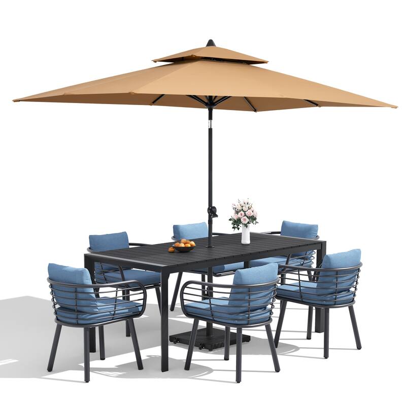 9/11-Piece Outdoor Dining Set w/10 ft Umbrella and Base Aluminum Dining Table and Chairs with Sunbrella Cushions