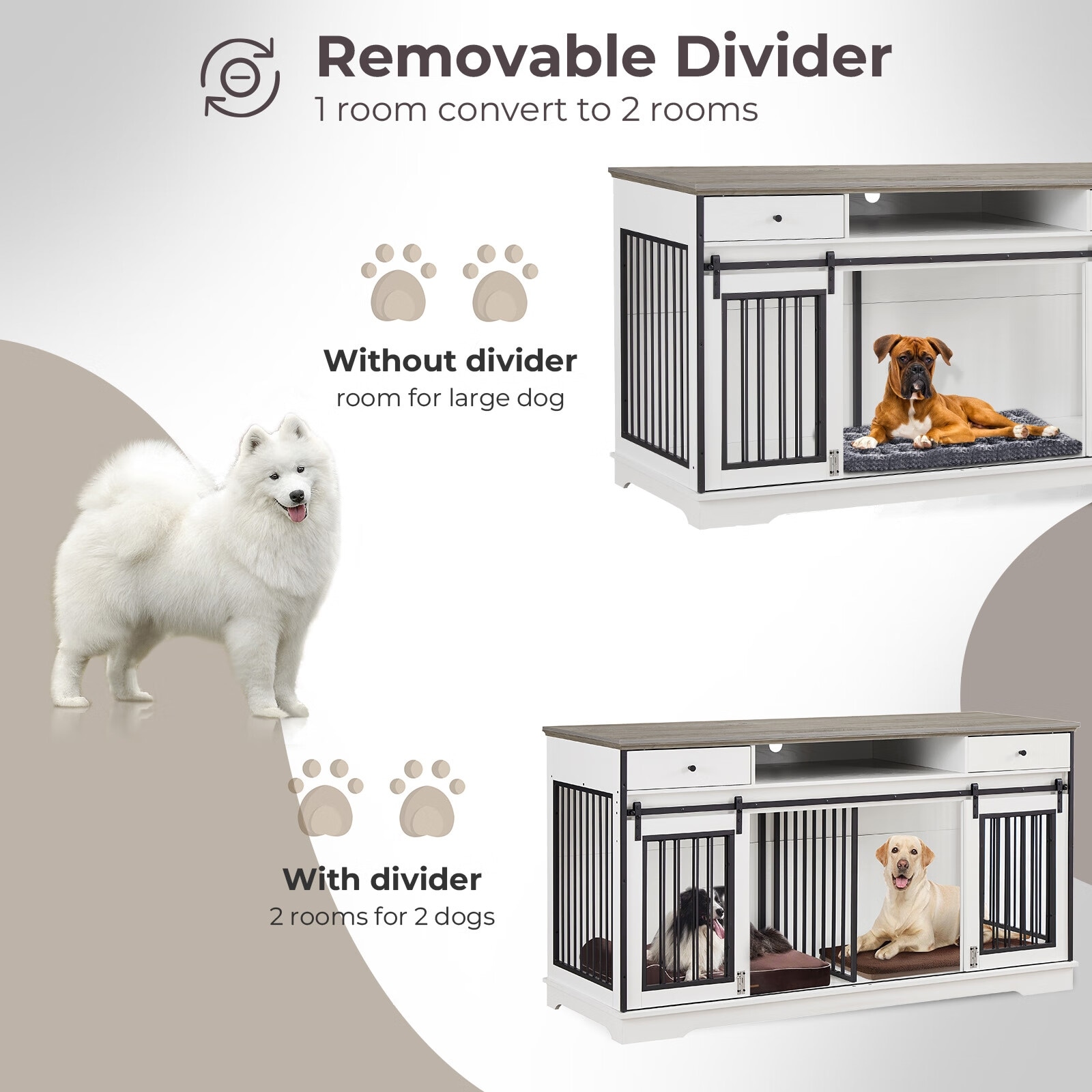 Sapphome Dog Crate Furniture Large Breed TV Stand with Drawer 2 Sliding Doors Grey White Gery