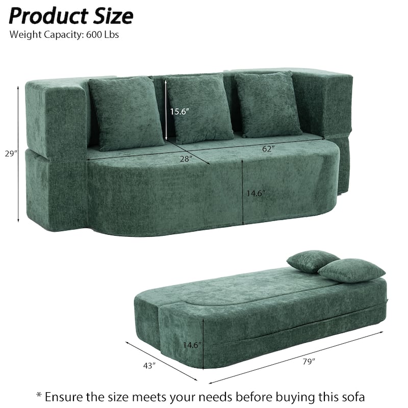 79" boneless loveseat Convertible Folding Sofa Bed, Twin Sleeper Sofa with Pillow, Modern Chenille Couch for Living Room