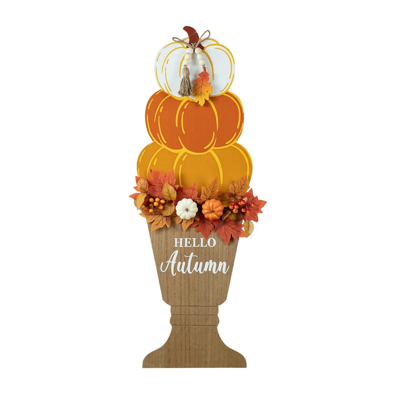 Glitzhome 36"H Fall Wooden Stacked Pumpkin with Urn Porch Decor