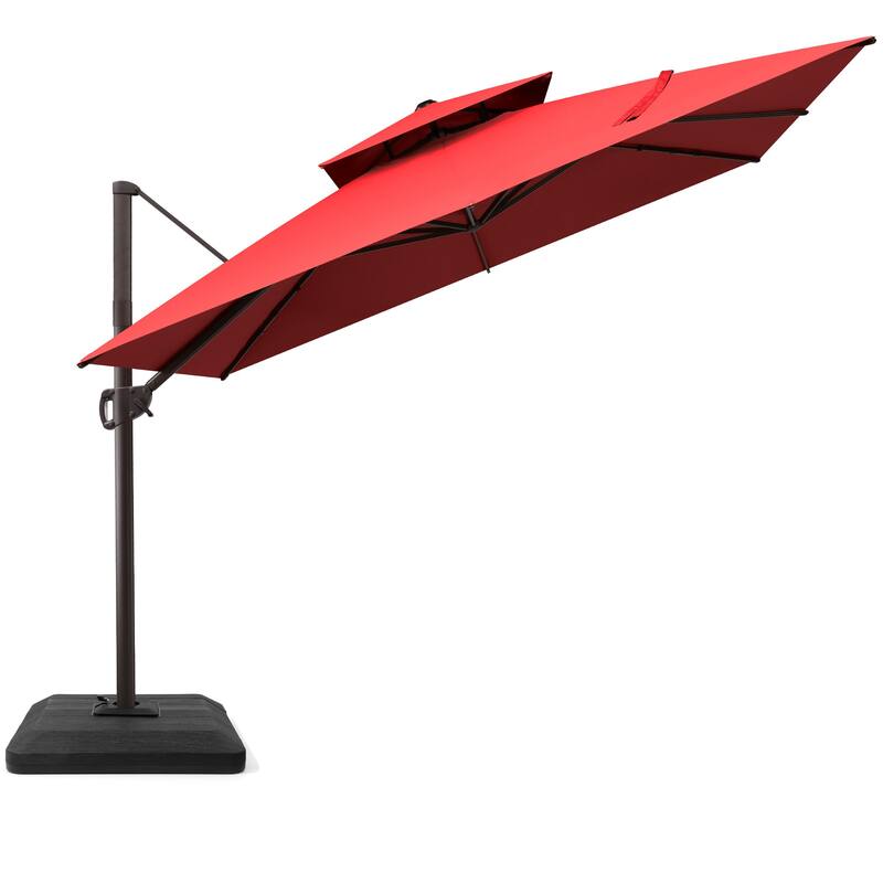 VredHom 11 FT Square Outdoor Patio Double Top Cantilever Umbrella with Weight Base - Red
