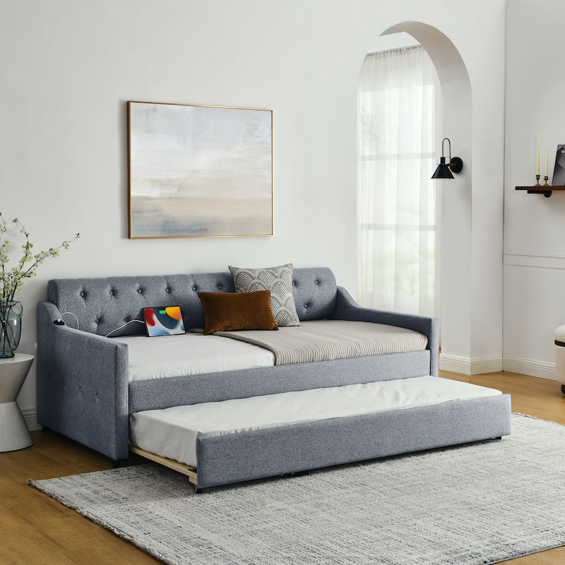 Twin Size Upholstery Daybed with Erectable Trundle & USB Design