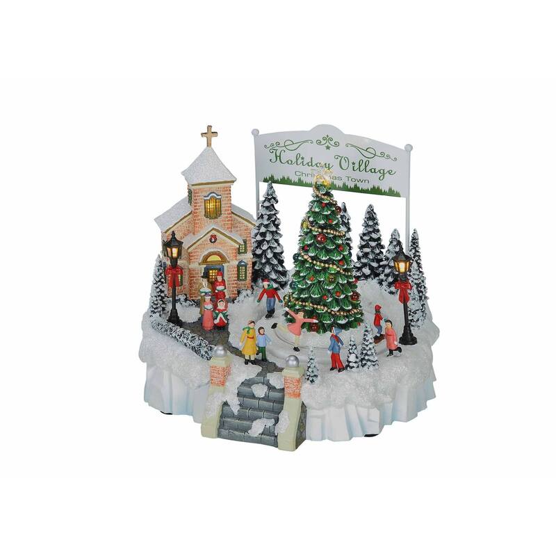2 White Green LED Lighted Musical Holiday Village Tabletop Decors 8.5"