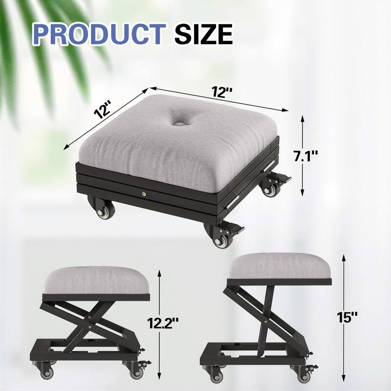 Javlergo Black Adjustable Height Folding Stool with Wheels Grey Fabric Ottoman Portable Metal Footstool for Indoor Outdoor Use
