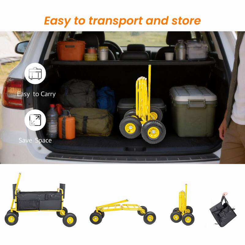 Beach Cart Collapsible Wagon 9.85"All-Terrain Wheels,Heavy Duty Garden Cart with Rod Holders,Umbrella Holder and Storage Pockets