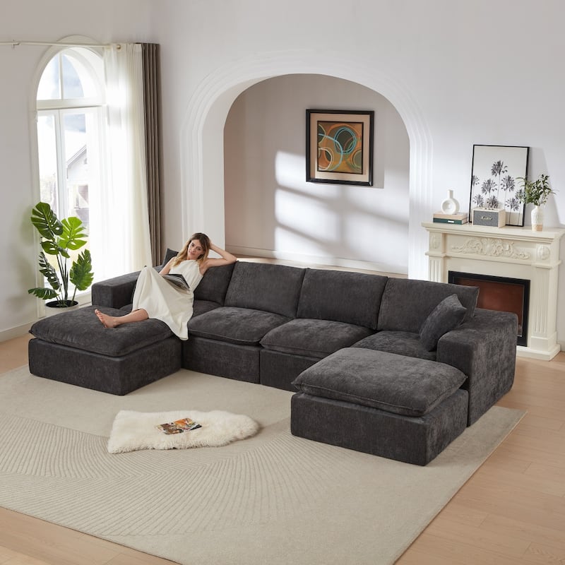 137.89" Modern Chenille Comfy Sectional Cloud Sofa with Two Pillows