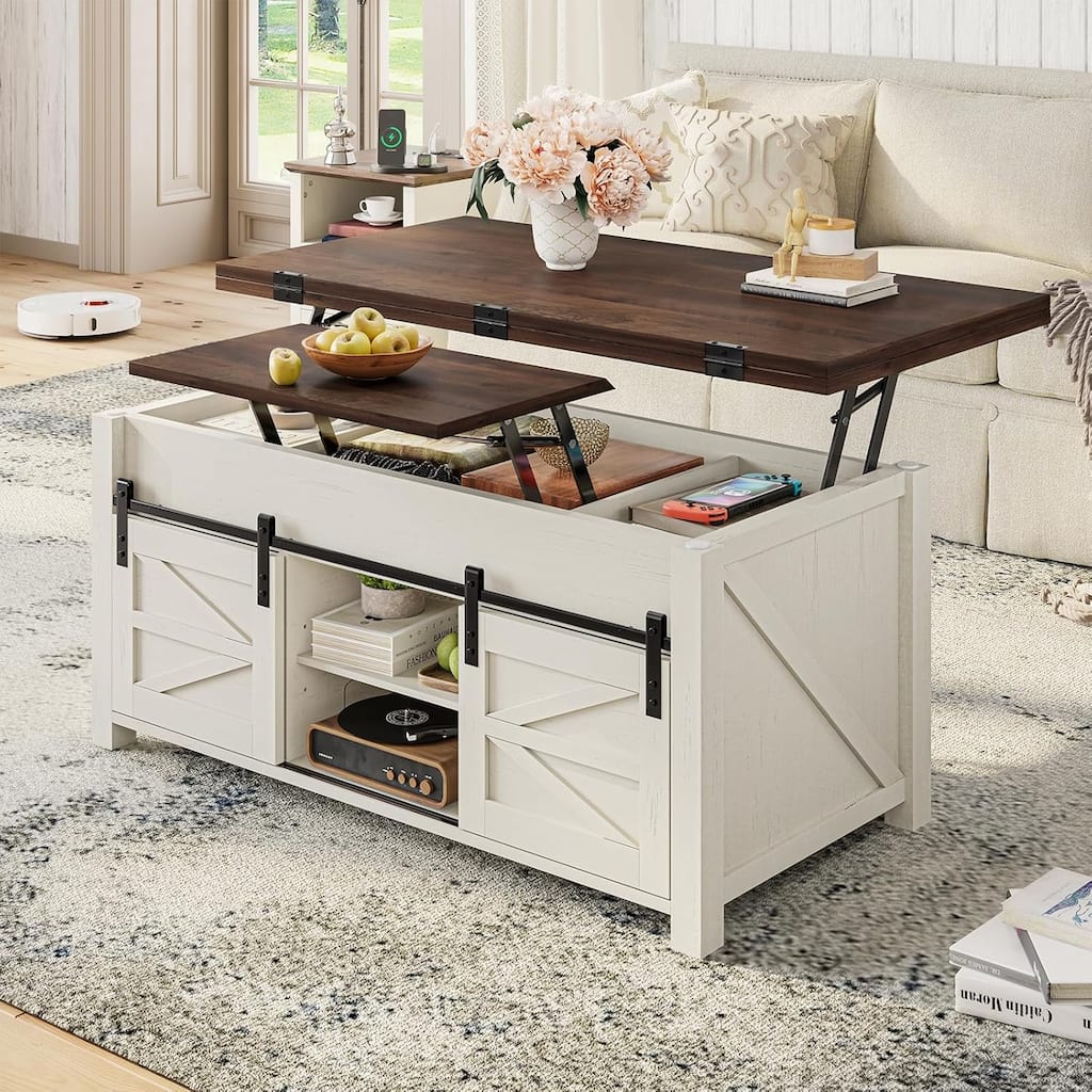 Lift Top Coffee Table Living Room 4 Sliding Barn Doors Adjustable Shelves