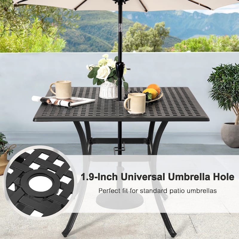 Square Cast Aluminum Outdoor Dining Table with Umbrella Hole and Mesh Tabletop, Black with Gold Speckles