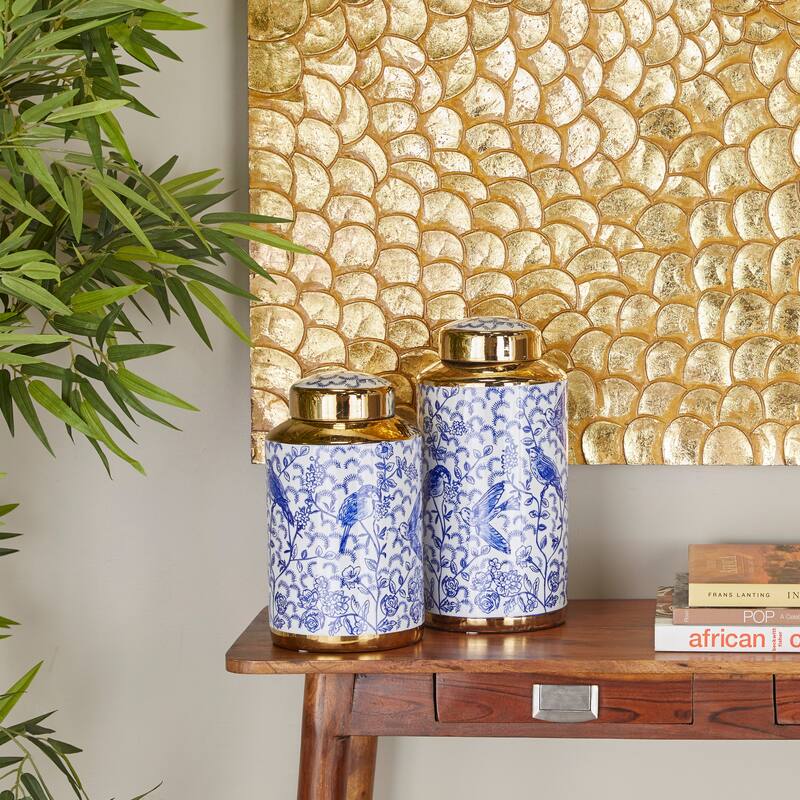 White, Black, Gold, Blue or Silver Ceramic Decorative Jars with Gold or Silver Accents (Set of 2) - Blue-White