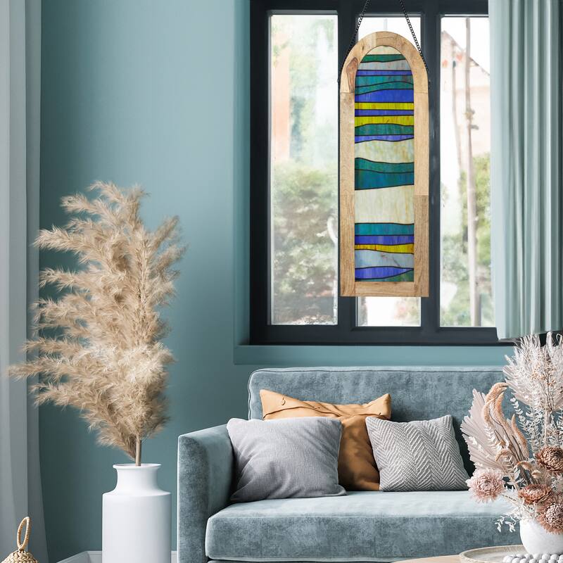 River of Goods 36-Inch Geometric Wave Pattern Stained Glass Window Panel - 12" x 1" x 36"