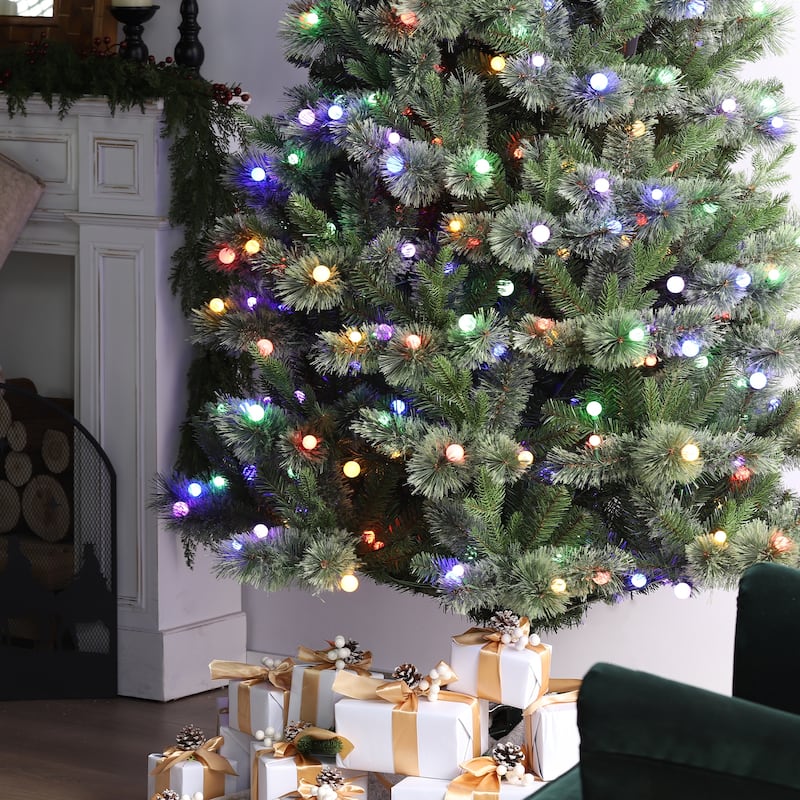 Glitzhome 7.5ft/9ft Pre-Lit Green Slim Pine Artificial Christmas Tree with Foot Pedal & Remote Control