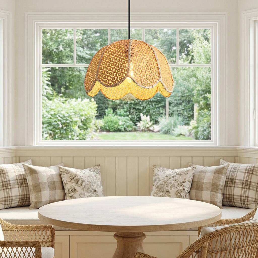1-Light Farmhouse Flower Shaped Brown Hand-Woven Natural Rattan Ceiling Light Fixture - 15.7" W x 55" H