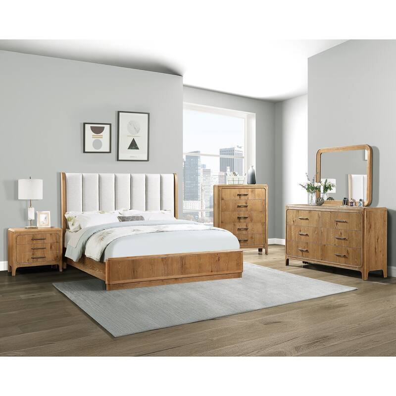 Queen Size Upholstered Panel Bed with Natural Wood Finish and Off-White Fabric