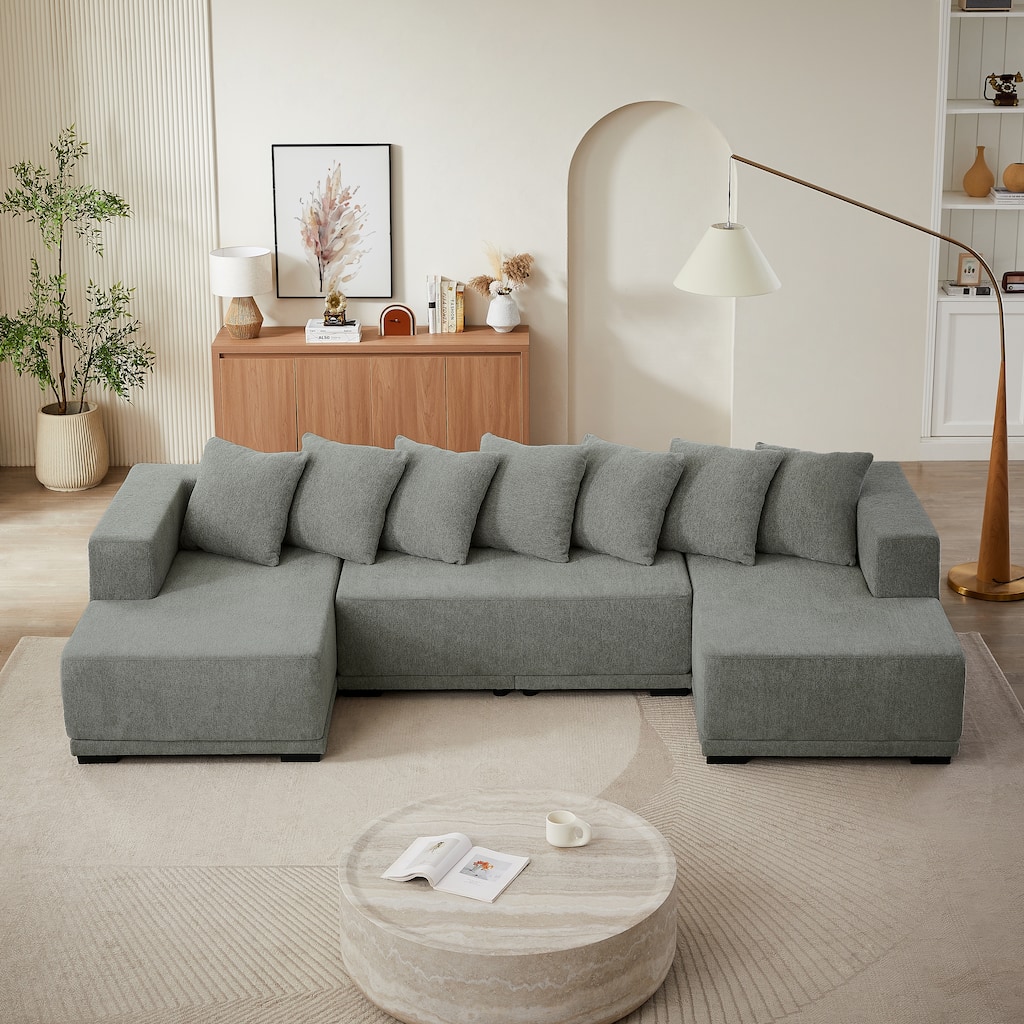 Grey Chenille U-Shaped Sectional Sofa, 128x61x35 inches, 227 lbs