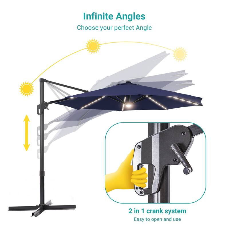 BONOSUKI 11FT LED Cantilever Patio Umbrella Angle Adjustment w/Cross Base