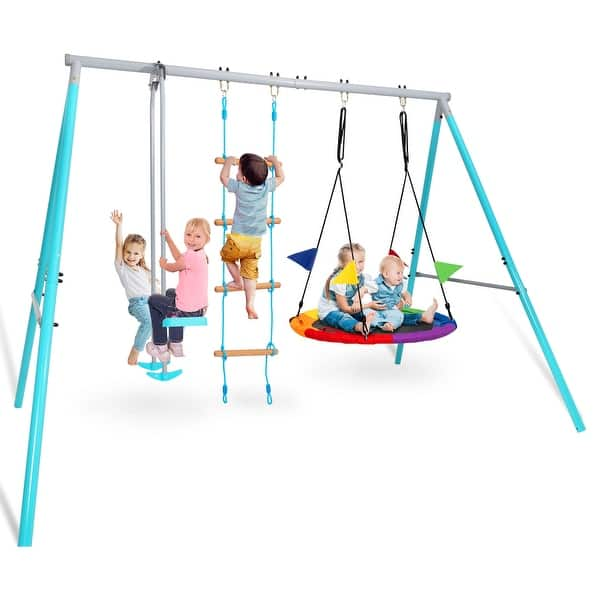 slide 2 of 7, Swing Sets for Backyard, 3-in-1 Kids Metal Swing Stand with 40" Saucer Swing, Glider Swing, Rope Ladder Blue - Swing Set - Kids